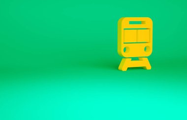 Turuncu tren ve demiryolu ikonu yeşil arka planda izole edildi. Toplu taşıma sembolü. Metro treni nakliyesi. Metro yeraltı. Minimalizm kavramı. 3d illüstrasyon 3B canlandırma