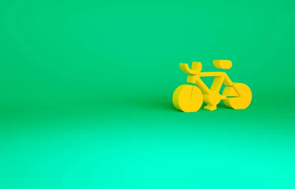 Ícone de bicicleta laranja isolado no fundo verde. Corrida de bicicleta. Desporto extremo. Equipamento desportivo. Conceito de minimalismo. 3D ilustração 3D render — Fotografia de Stock