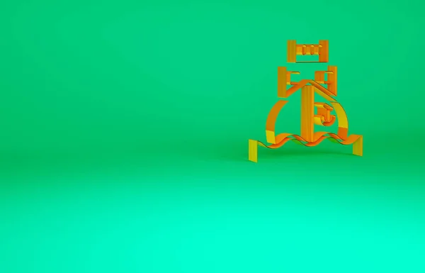 Ícone de navio de carga laranja isolado no fundo verde. Conceito de minimalismo. 3D ilustração 3D render — Fotografia de Stock