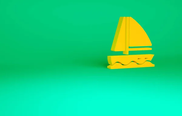 Orange Yacht barca a vela o veliero icona isolata su sfondo verde. Barca a vela crociera marina viaggi. Concetto minimalista. Illustrazione 3d rendering 3D — Foto Stock