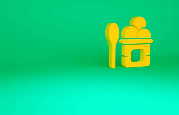 Helado de naranja en el cuenco y cuchara icono aislado sobre fondo verde. Dulce símbolo. Concepto minimalista. 3D ilustración 3D render — Foto de Stock