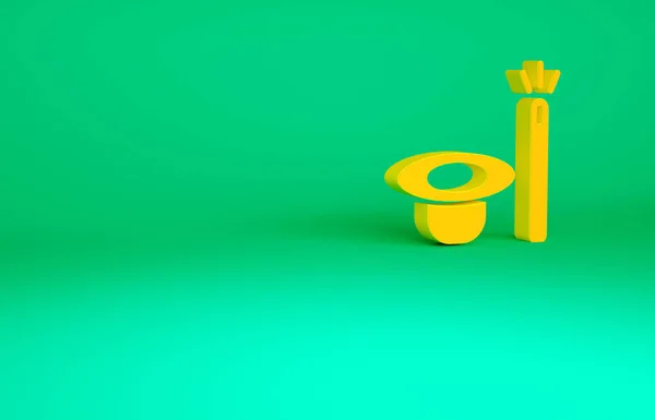 Sombrero Orange Magic e icono de varita aislados sobre fondo verde. Truco de magia. Concepto de entretenimiento misterioso. Concepto minimalista. 3D ilustración 3D render — Foto de Stock