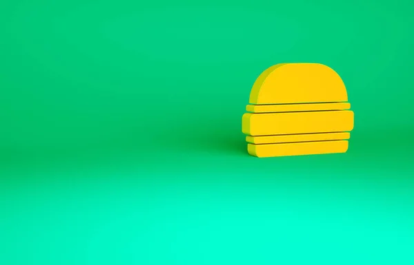 오렌지 버거 아이콘은 녹색 배경에서 분리되었습니다. 햄버거 아이콘이야. 치즈 버거 샌드위치 간판이야. 패스트 푸드 메뉴. 미니멀리즘의 개념입니다. 3d 삽화 3D 렌더링 — 스톡 사진