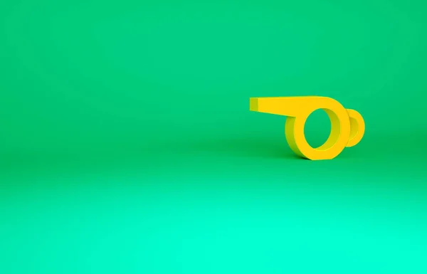 Orangefarbenes Pfeifsymbol auf grünem Hintergrund. Schiedsrichter-Symbol. Fitness und Sport Zeichen. Minimalismus-Konzept. 3D Illustration 3D Renderer — Stockfoto