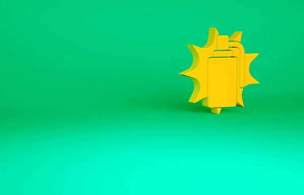 Orangefarbene Handgranate isoliert auf grünem Hintergrund. Bombenexplosion. Minimalismus-Konzept. 3D Illustration 3D Renderer — Stockfoto