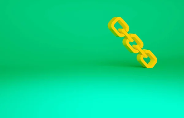 Ícone de ligação Cadeia laranja isolado no fundo verde. Ligação única. Símbolo de cadeia de hiperligação. Conceito de minimalismo. 3D ilustração 3D render — Fotografia de Stock