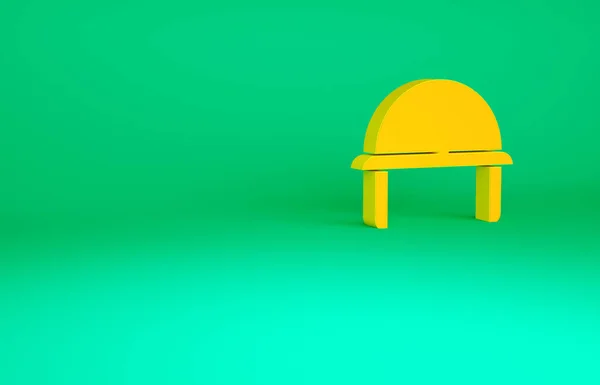 Ícone de capacete militar laranja isolado no fundo verde. Chapéu do exército símbolo de defesa e proteção. Chapéu de protecção. Conceito de minimalismo. 3D ilustração 3D render — Fotografia de Stock