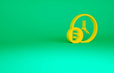 Yeşil arka planda izole edilmiş saat simgesi olan turuncu kripto para Bitcoin. Madeni para. Engelleme zinciri tabanlı şifreli para birimi. Minimalizm kavramı. 3d illüstrasyon 3B canlandırma
