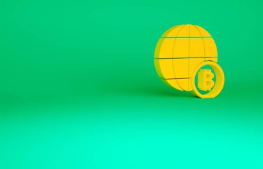 Turuncu Küre ve kripto para birimi Bitcoin simgesi yeşil arka planda izole edildi. Madeni para. Engelleme zinciri tabanlı şifreli para birimi. Minimalizm kavramı. 3d illüstrasyon 3B canlandırma