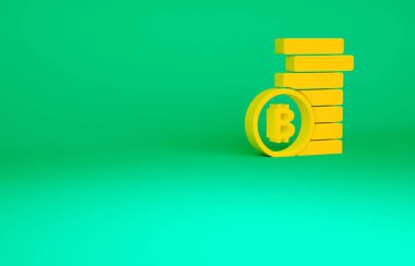 Yeşil arka planda izole edilmiş turuncu kripto sikke Bitcoin simgesi. Madeni para. Engelleme zinciri tabanlı şifreli para birimi. Minimalizm kavramı. 3d illüstrasyon 3B canlandırma