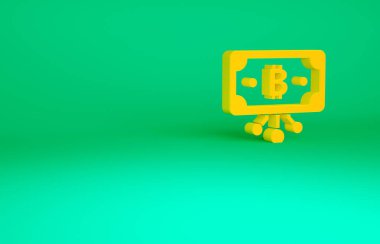 Yeşil arka planda izole edilmiş mikroçip devre ikonu ile daire içinde turuncu kripto para birimi bitcoin. Engelleme teknolojisi, dijital para piyasası. Minimalizm kavramı. 3d illüstrasyon 3B canlandırma