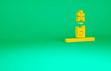 Yeşil arka planda izole edilmiş turuncu Slav putperest putu. Antik ahşap heykel ayini. Minimalizm kavramı. 3d illüstrasyon 3B canlandırma