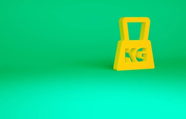 Turuncu Ağırlık simgesi yeşil arkaplanda izole edildi. Kilogram ağırlık kaldırmak ve ölçmek için ağırlık bloğu. Kütle sembolü. Minimalizm kavramı. 3d illüstrasyon 3B canlandırma