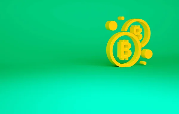 Orange Kryptowährungsmünze Bitcoin Symbol isoliert auf grünem Hintergrund. Physische Bitcoin. Blockchain-basierte sichere Kryptowährung. Minimalismus-Konzept. 3D Illustration 3D Renderer — Stockfoto