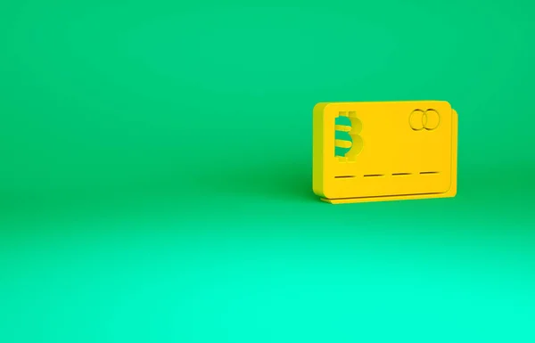 Tarjeta de crédito naranja con icono de bitcoin aislado sobre fondo verde. Pago en línea. Retiro de efectivo. Método moderno de pago. Concepto minimalista. 3D ilustración 3D render —  Fotos de Stock