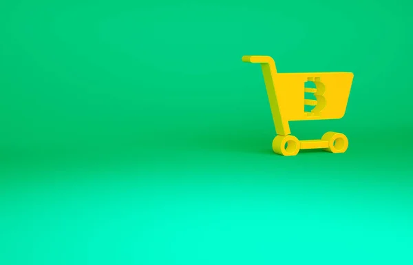 Карта Orange Shopping с иконкой bitcoin на зеленом фоне. Оплата онлайн. Снятие денег. Современный способ оплаты. Концепция минимализма. 3D-рендеринг — стоковое фото