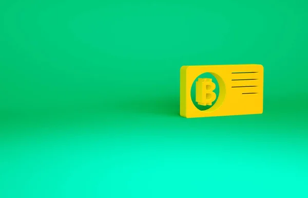 Orange kreditkort med bitcoin ikon isolerad på grön bakgrund. Betalning online. Kontantuttag. Modernt betalningssätt. Minimalistiskt koncept. 3D-återgivning för 3D — Stockfoto