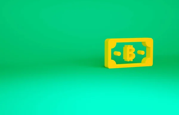 Ícone bitcoin Criptomoeda laranja isolado no fundo verde. Tecnologia Blockchain, mercado monetário digital. Conceito de minimalismo. 3D ilustração 3D render — Fotografia de Stock