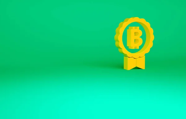 Moeda laranja Criptomoeda ícone Bitcoin isolado no fundo verde. Moeda física. Blockchain baseado em moeda criptomoeda segura. Conceito de minimalismo. 3D ilustração 3D render — Fotografia de Stock