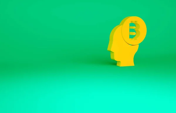 Иконка оранжевого биткойна выделена на зеленом фоне. Криптовалютная голова. Технология блокчейн, рынок цифровых денег, кошелек с криптомонетами. Концепция минимализма. 3D-рендеринг — стоковое фото