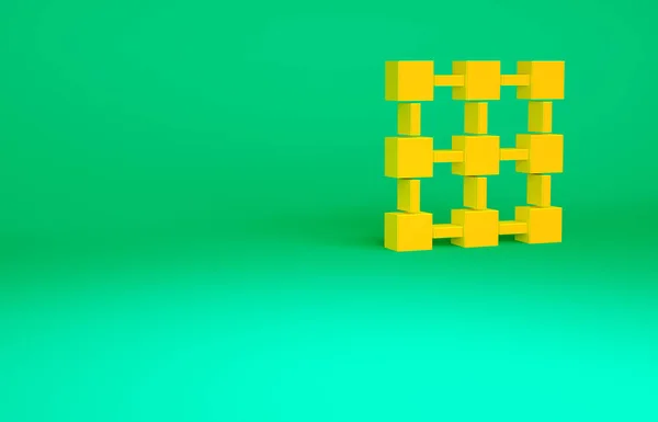 Πορτοκαλί εικονίδιο τεχνολογίας Blockchain απομονώνονται σε πράσινο φόντο. Δεδομένα κρυπτονομισμάτων. Αφηρημένη γεωμετρική αλυσίδα μπλοκ επιχείρηση τεχνολογίας δικτύου. Μινιμαλιστική έννοια. 3d απεικόνιση 3D καθιστούν — Φωτογραφία Αρχείου