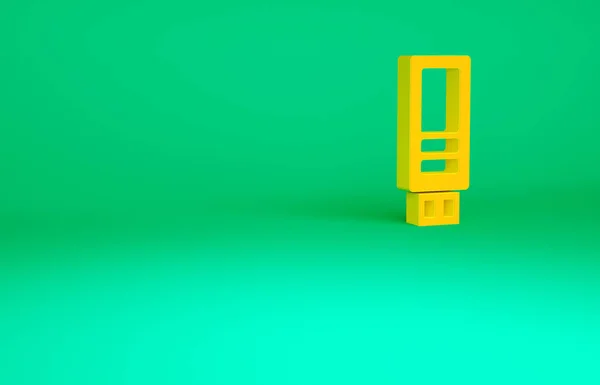 Orangefarbenes USB-Stick-Symbol auf grünem Hintergrund. Minimalismus-Konzept. 3D Illustration 3D Renderer — Stockfoto