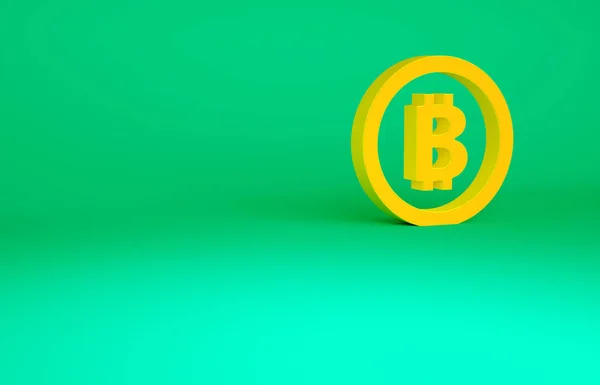 オレンジ暗号通貨コイン緑の背景に隔離されたBitcoinアイコン。物理ビットコイン。ブロックチェーンベースの安全な暗号通貨。最小限の概念。3Dイラスト3Dレンダリング — ストック写真