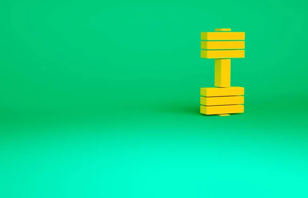 Orange Dumbbell icoon geïsoleerd op groene achtergrond. Spierheficoon, fitnesshalter, fitnessruimte, sportuitrusting, trainingsbel. Minimalisme concept. 3d illustratie 3D renderen — Stockfoto