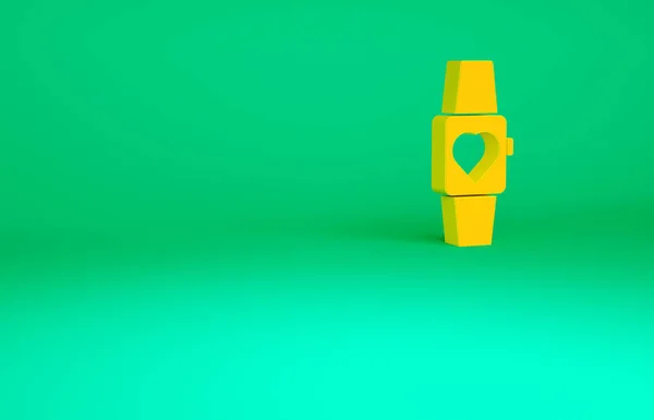 Pomarańczowa ikona zegarka Smartwatch na zielonym tle. Koncepcja minimalizmu. Ilustracja 3D 3D renderowania — Zdjęcie stockowe