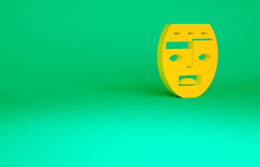 Turuncu Meksika Maya ya da Aztek maskesi ikonu yeşil arka planda izole edilmiş. Minimalizm kavramı. 3d illüstrasyon 3B canlandırma