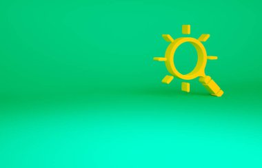 Yeşil arka planda turuncu büyüteç simgesi izole edildi. Arama, odaklanma, yakınlaştırma, iş sembolü. Minimalizm kavramı. 3d illüstrasyon 3B canlandırma