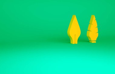 Turuncu Taş Devri ok kafa simgesi yeşil arka planda izole edildi. Ortaçağ silahı. Minimalizm kavramı. 3d illüstrasyon 3B canlandırma