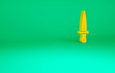 Yeşil arka planda turuncu hançer simgesi izole edildi. Bıçak ikonu. Keskin bıçaklı kılıç. Minimalizm kavramı. 3d illüstrasyon 3B canlandırma