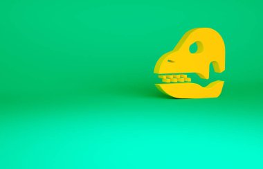 Yeşil arka planda izole edilmiş turuncu dinozor kafatası ikonu. Minimalizm kavramı. 3d illüstrasyon 3B canlandırma