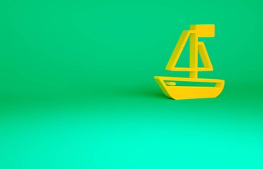 Turuncu oyuncak tekne ikonu yeşil arka planda izole edildi. Minimalizm kavramı. 3d illüstrasyon 3B canlandırma