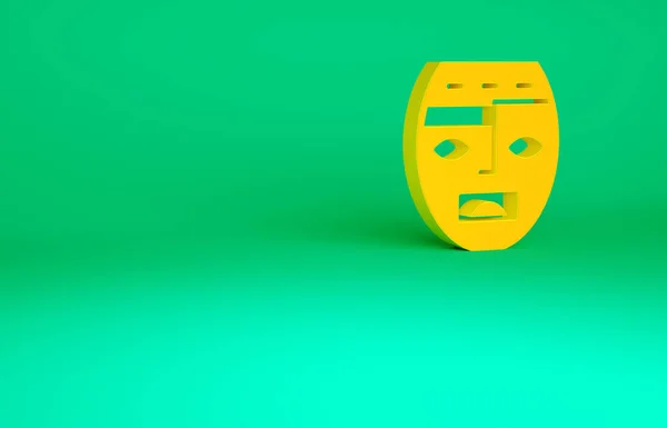 Ícone de máscara mayan ou azteca laranja mexicano isolado no fundo verde. Conceito de minimalismo. 3D ilustração 3D render — Fotografia de Stock