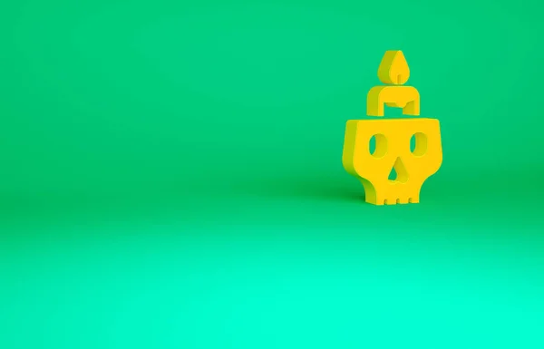 Oranje Brandende kaars op een schedel pictogram geïsoleerd op groene achtergrond. De dag van de dood. Minimalisme concept. 3d illustratie 3D renderen — Stockfoto