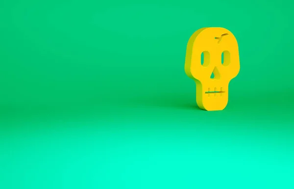 Ícone laranja do crânio isolado no fundo verde. Feliz festa de Halloween. Conceito de minimalismo. 3D ilustração 3D render — Fotografia de Stock