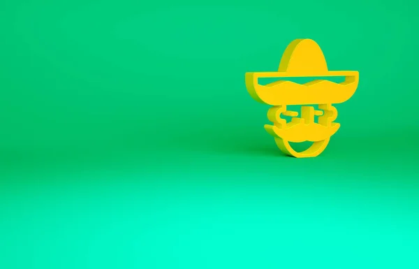 Homem mexicano laranja vestindo ícone sombrero isolado no fundo verde. Homem hispânico com bigode. Conceito de minimalismo. 3D ilustração 3D render — Fotografia de Stock