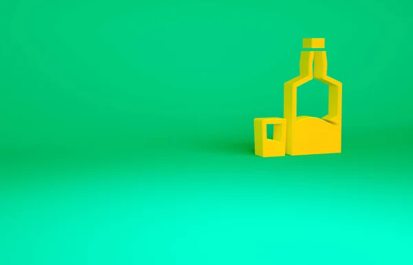 Oranžová Tequila láhev a skleněná ikona izolované na zeleném pozadí. Mexický alkoholický nápoj. Minimalismus. 3D ilustrace 3D vykreslení — Stock fotografie