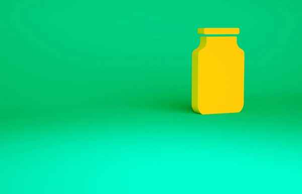 Frasco de vidro laranja com ícone de tampa de rosca isolado no fundo verde. Conceito de minimalismo. 3D ilustração 3D render — Fotografia de Stock