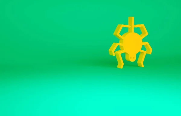 오렌지 스파이더 아이콘은 녹색 배경에서 분리되었습니다. 해피 할로윈 파티. 미니멀리즘의 개념입니다. 3d 삽화 3D 렌더링 — 스톡 사진