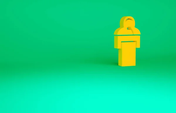 Orange Donne icône de conférence isolé sur fond vert. Debout près du podium. Parle au micro. Le conférencier donne des conférences et des gestes. Concept de minimalisme. Illustration 3D rendu 3D — Photo