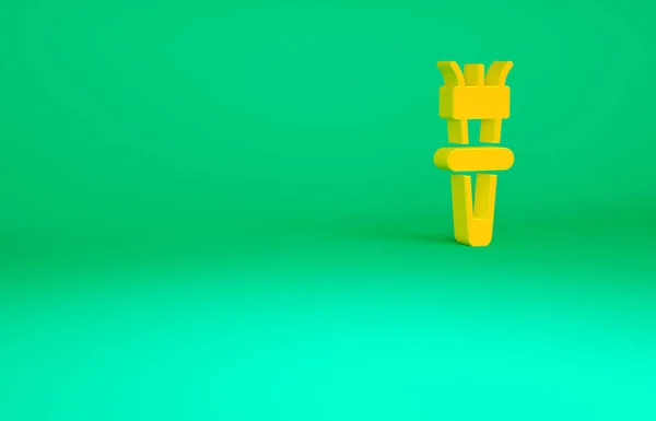 緑の背景に隔離されたオレンジトーチ炎のアイコン。火の熱、炎の力、炎と熱を象徴する。最小限の概念。3Dイラスト3Dレンダリング — ストック写真