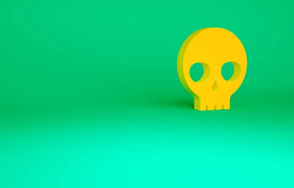 Pomarańczowa ikona ludzkiej czaszki odizolowana na zielonym tle. Koncepcja minimalizmu. Ilustracja 3D 3D renderowania — Zdjęcie stockowe