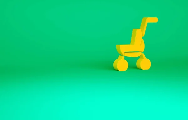 Ícone de carrinho de bebê laranja isolado no fundo verde. Carruagem de bebê, buggy, carrinho, carrinho, roda. Conceito de minimalismo. 3D ilustração 3D render — Fotografia de Stock