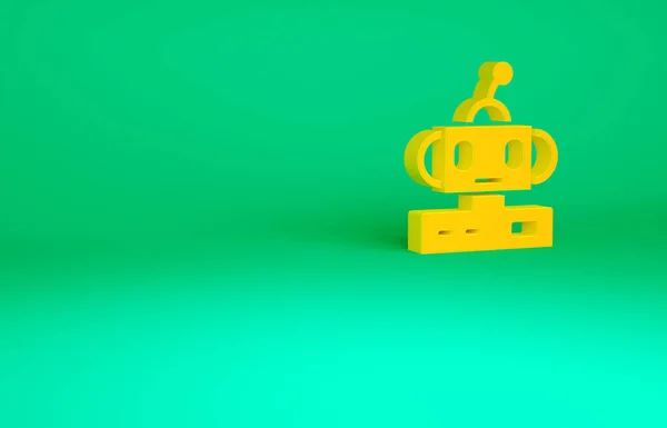 Orangefarbenes Roboter-Spielzeug-Symbol isoliert auf grünem Hintergrund. Minimalismus-Konzept. 3D Illustration 3D Renderer — Stockfoto