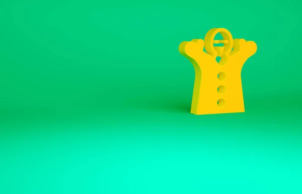 Boneca de boneco de brinquedo laranja na mão ícone isolado no fundo verde. Conceito de minimalismo. 3D ilustração 3D render — Fotografia de Stock