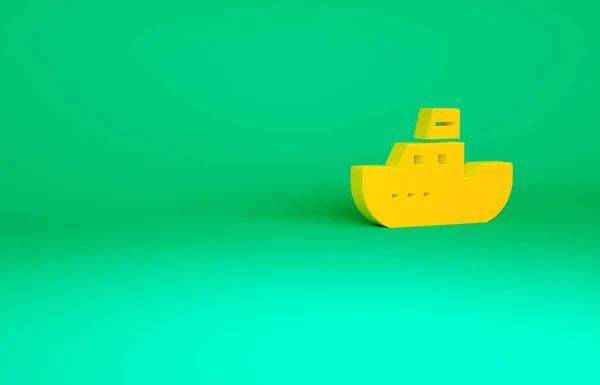 Orangefarbenes Spielzeugboot-Symbol auf grünem Hintergrund. Minimalismus-Konzept. 3D Illustration 3D Renderer — Stockfoto