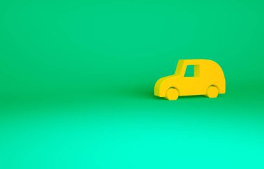 Turuncu oyuncak araba simgesi yeşil arkaplanda izole edildi. Minimalizm kavramı. 3d illüstrasyon 3B canlandırma